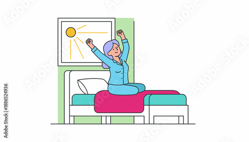 A happy woman in blue pajamas stretches her arms after waking up in bed, with the sun shining brightly through the window.