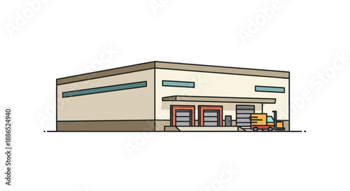 Cartoon illustration of a modern warehouse building with loading docks and forklift.