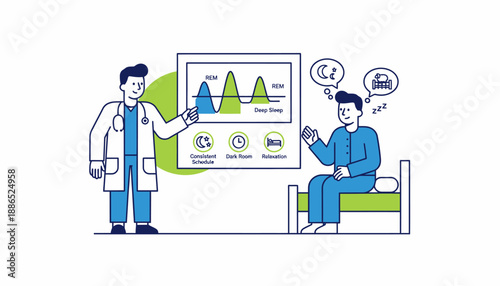 Doctor explaining sleep analysis data and health metrics to a patient in a medical consultation setting.