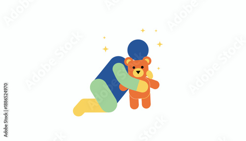 Stylized figure gently hugging a small, orange teddy bear with sparkling accents.