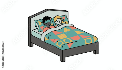 A couple in bed, one person sleeping soundly with a sleep mask while the other lies awake, looking worried or sad.