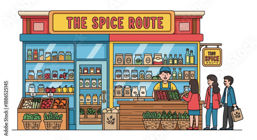 Colorful Illustration of The Spice Route Shopfront with Customers.