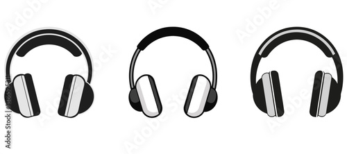 Set of three cartoon-style headphones icons in black and white, representing music, audio, and sound technology