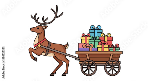 Festive Reindeer Pulling a Cart Laden with Colorful Christmas Presents.