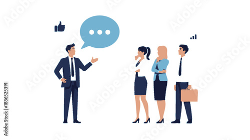 Business meeting with a speaker and audience, speech bubble, and social media