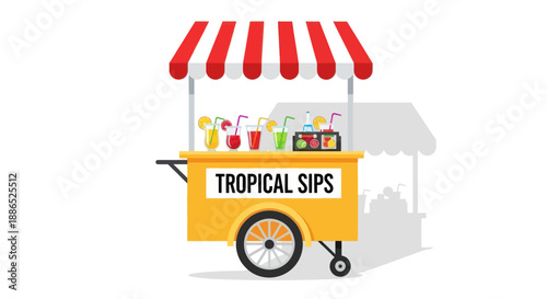 Colorful Tropical Sips Cart with Red and White Awning.