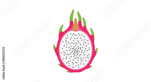 Vibrant pink dragon fruit cut in half showing its white flesh with black seeds.