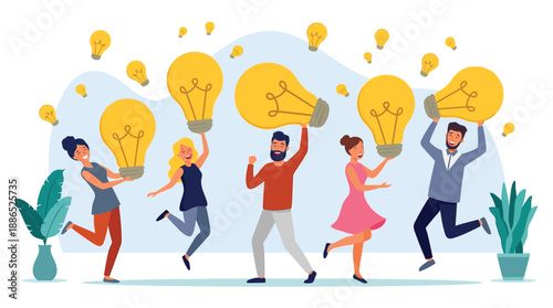 Diverse group of people celebrating with bright idea lightbulbs