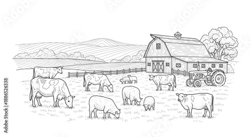 Rural Farm Landscape with Barn, Cows, and Tractor Pen and Ink Style Illustration