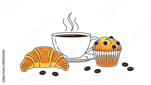 Delicious breakfast with croissant, blueberry muffin, and steaming cup of coffee
