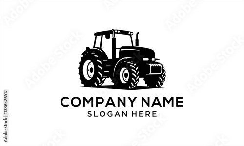 Bold black and white tractor logo design for agricultural business.