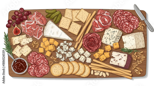 Delicious charcuterie board with cheese, meats, and snacks