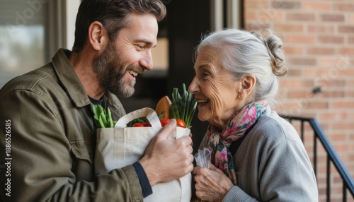 Heartwarming Moment Between Man and Elderly Woman with Groceries