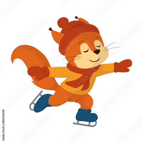 A contented squirrel gliding across the ice like a swallow. Vector illustration in a bright, flat cartoon style. This character can serve as a winter mascot for children's projects, holiday posters