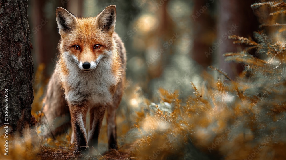 Fototapeta premium Majestic Red Fox Walking Through an Enchanted Autumn Forest with Golden Sunlight, Detailed Portrait of a Wild Fox in Soft Morning Light with Blurred Woodland Background and Vibrant Fall Foliage