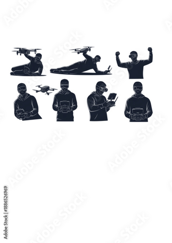 FPV Drone Racing Pilot Silhouette, Professional Drone Operator with Goggles, Future Tech Hobby and Electronic Sports Vector Design