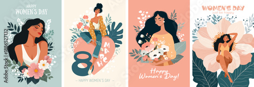 Beautiful trendy set of greeting cards for 8 March. International Women's Day. Stylish flat graphics and original design