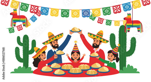 Mexican Fiesta Celebration Banner with Kids and Pinata