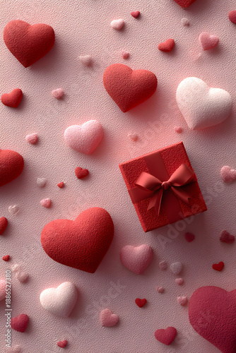 Valentine's Day vertical card with paper hearts and red gift box on pink background top view.