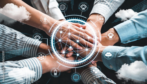 Collaborative teamwork in digital technology modern office conceptual image cloud environment close-up view innovation and connectivity