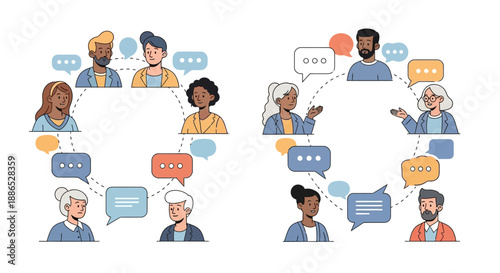 Illustration of diverse people in a circle communicating with speech bubbles on a white background, celebrating International Day for the Prevention of Violent Extremism with a theme of