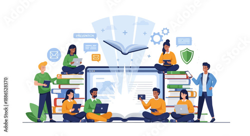 Illustration of diverse people celebrating International Day for the Prevention of Violent Extremism with cyber security and technology symbols, teamwork and business elements in a colorful