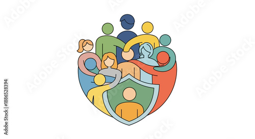 Illustration of people and a shield for International Day for the Prevention of Violent Extremism with cyber security and technology elements in a colorful vector graphic.