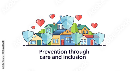 Vector illustration of a colorful neighborhood with houses and hearts, symbolizing prevention through care and inclusion on a white background.