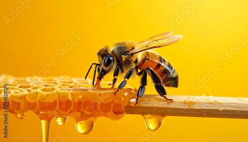 Honeybee in mid-flight near honey-dripping honeycomb against vibrant yellow background, emphasizing nature and pollination