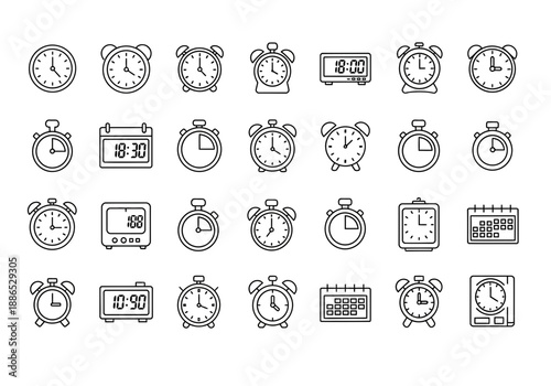 A collection of various clock and alarm clock icons in a line style