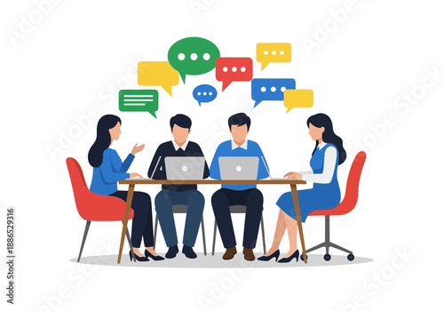 Group of people sitting around a table with laptops and speech bubbles above them