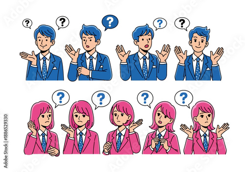 Cartoon characters in blue and pink uniforms with question marks around them