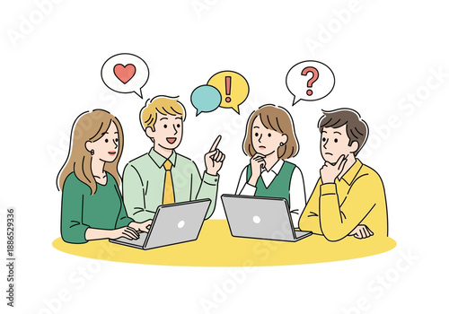 A group of four people sitting around a table with laptops and speech bubbles