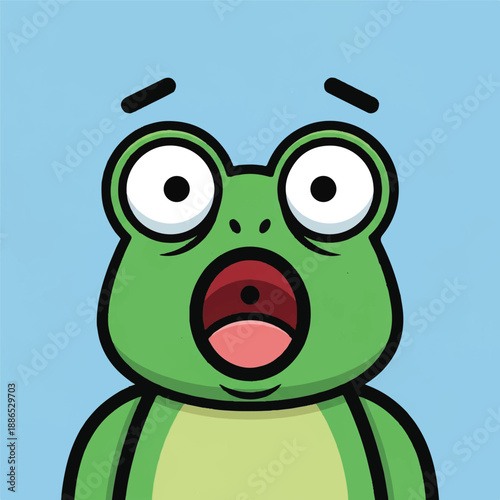 Surprised Green Frog Cartoon Illustration Jumping Over Blue Pond, Front View, Comical Style