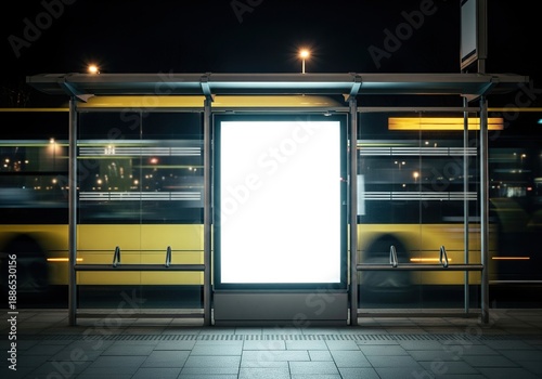 Empty bus stop advertising display at night with blank white screen