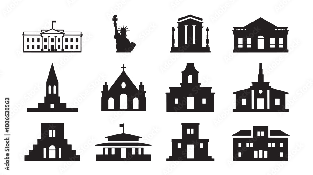 Fototapeta premium Collection of Historical Landmarks and Buildings Illustrated in Silhouette from Around the World