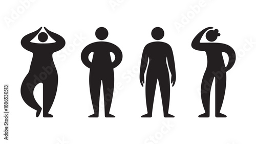 Four silhouetted figures standing in different yoga poses on a white background from a frontal viewpoint