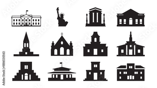 Collection of Historical Landmarks and Buildings Illustrated in Silhouette from Around the World