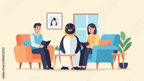 Three characters in a room, two humans and a penguin, are reading