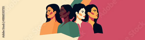 Vector postcard, horizontal banner for International Women's Day, March 8, with space for text. Strong women of different cultures, nationalities stand together. Unity, diversity, women's empowerment
