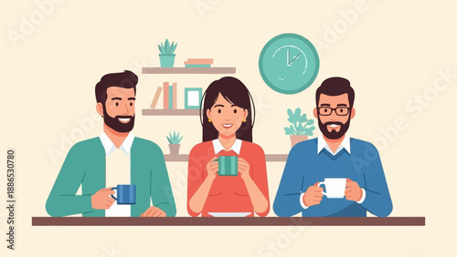 Three colleagues share drinks and conversation around a table in a bright office