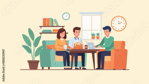 Three friends share a cake and laptop in a cozy living room setting