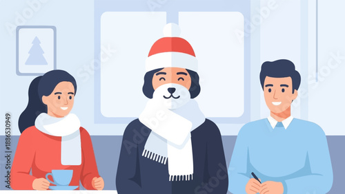 Three friends bundled in warm winter clothes enjoy hot drinks and conversation