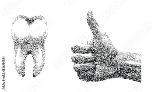 Halftone Tooth and Thumbs Up Hand Vector Art Collage Cutouts Set Vintage Black and White Dot Texture Illustration for Dental and Approval Designs