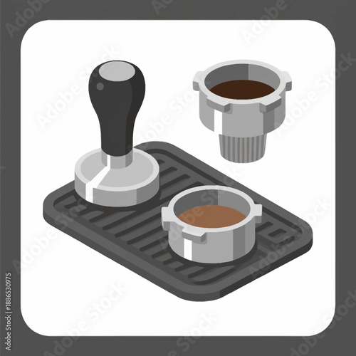 Professional espresso preparation tools including a coffee tamper and portafilters resting on a black rubber tamping mat for the perfect home barista setup.