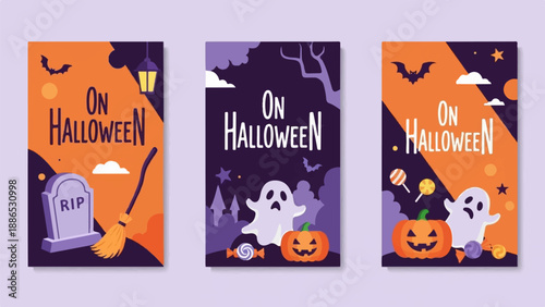 Three Halloween themed posters with pumpkins, ghosts, bats, candy, and RIP gravestone