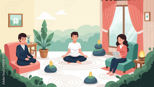 Three individuals engage in mindful activities within a tranquil, nature-inspired room