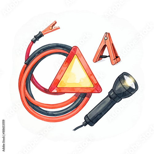 Essential car emergency roadside assistance kit featuring jumper cables, a reflective warning triangle, and a high-intensity flashlight for driver safety.