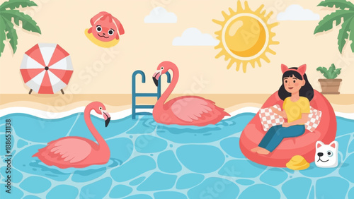 Summer pool party with flamingos, sun, beach umbrella, and relaxing people