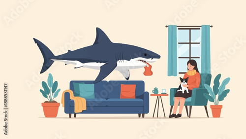 Shark hovering over a couch with a person holding a dog